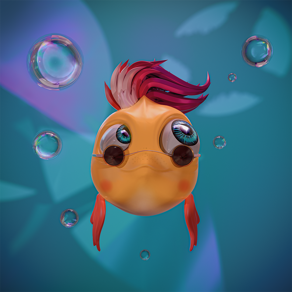 fish character design with bubbles and glasses