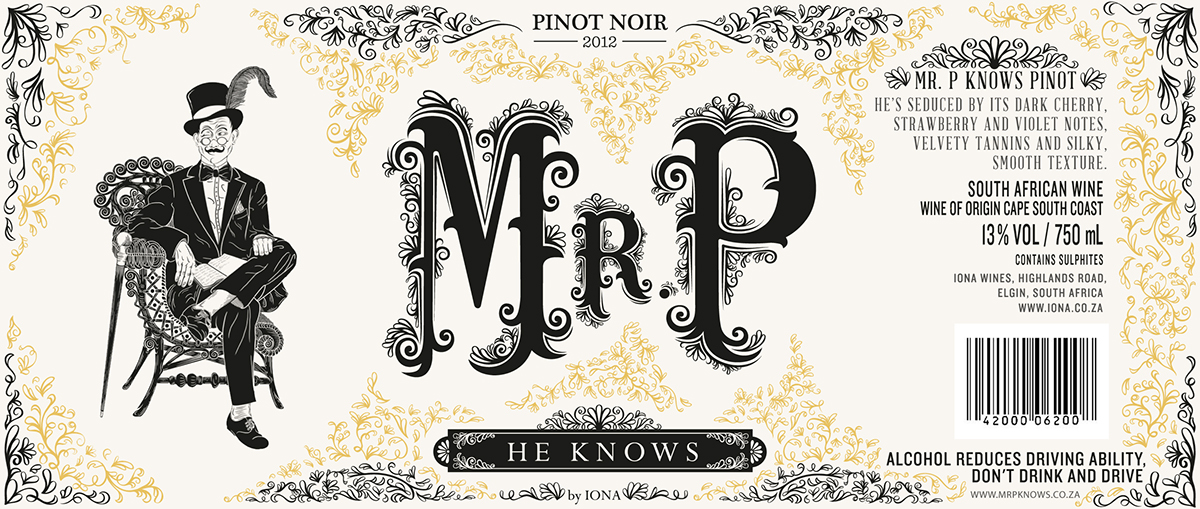 Wine label Design pinot noir Iona Mr. P label design gold foiling high build Wine Packaging type wacom