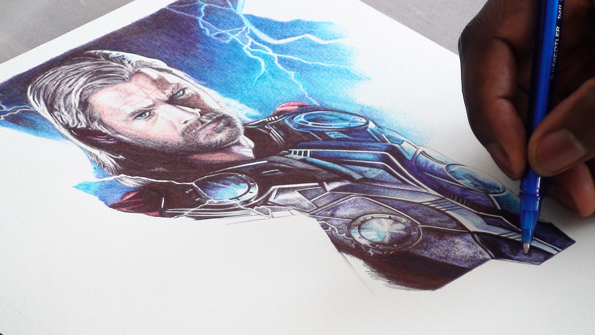Thor comic Realism ballpoint pen SuperHero realistic TAlent masterpiece beauty Chris Hemsworth Avengers movie biro