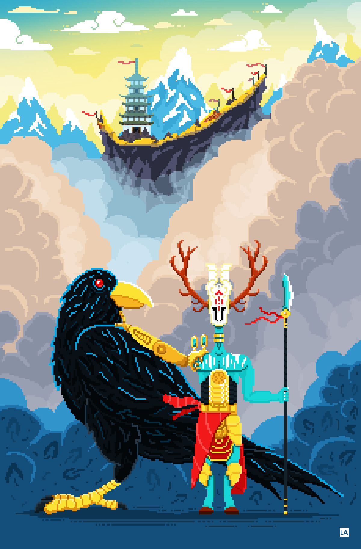 pixel Pixel art guardian creature raven crow mountain Landscape fog cloud LAckas