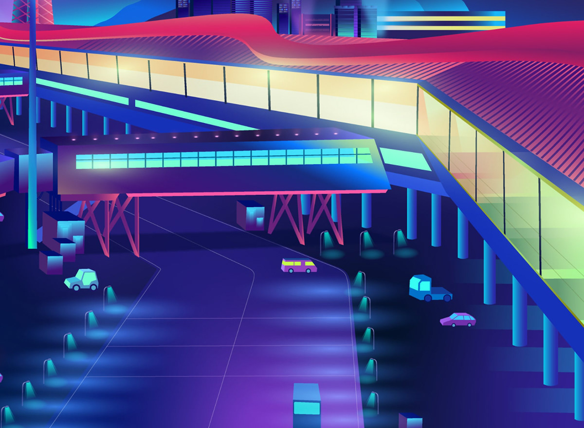 2D art arcade Cyberpunk dark ILLUSTRATION  Landscape neon Outrun pablo ladosa pabloladosa
