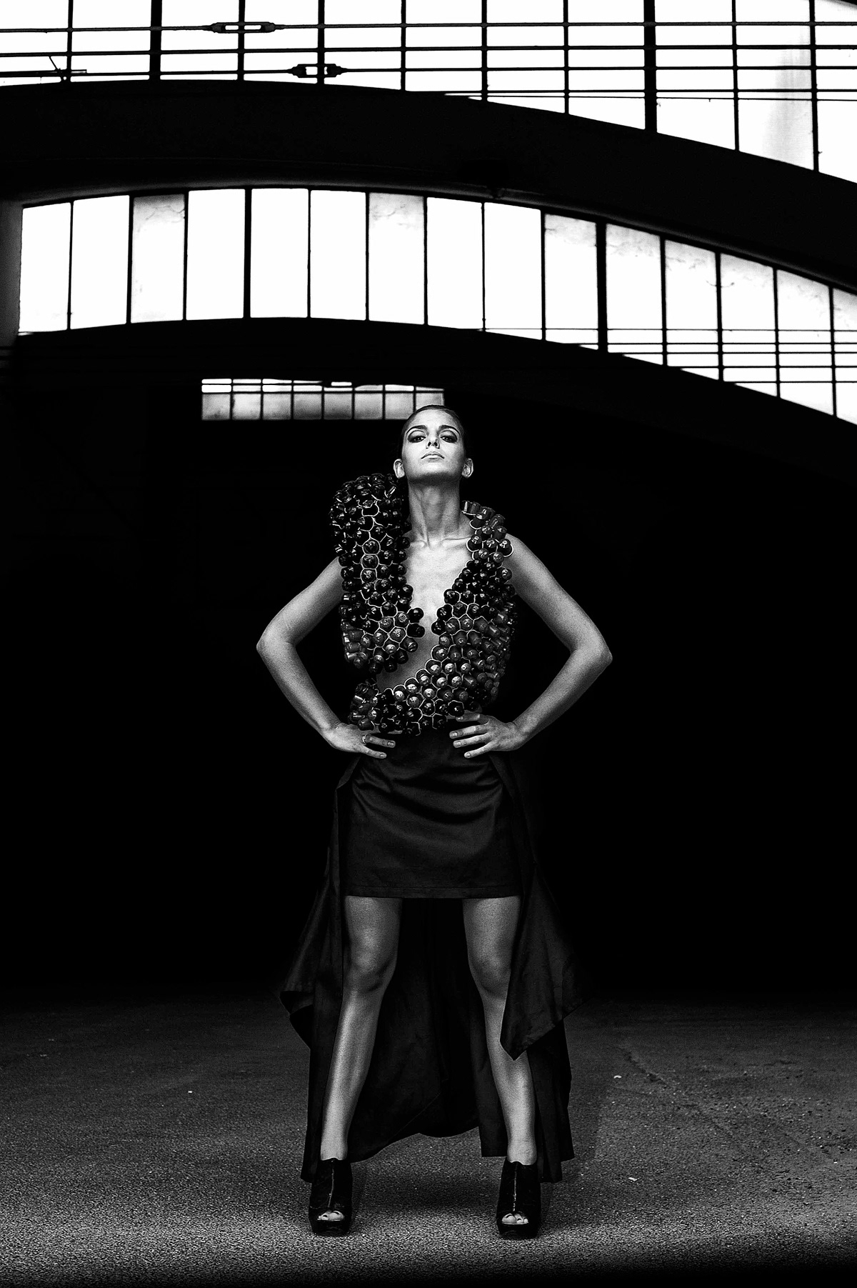 model styling  artificial warehouse black and white contrast Sunny Shadows