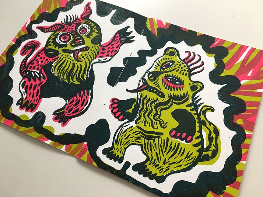 silkscreen monsters beasts natalya balnova printmaking comics Zines book design lettering HAND LETTERING
