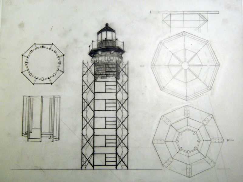 plans blueprints sketches drawings sculpture lighthouse beacon scaffolding Ocean sea