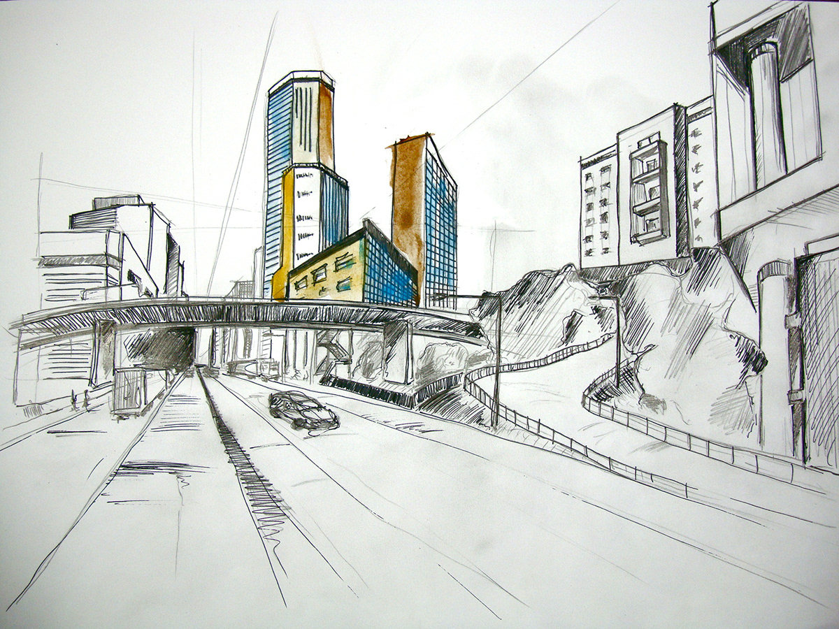 Architectural Drawing  two point Perspective Shad Thames  st pauls  Witham wharf  watercolour  urban plan mima middlesbrough