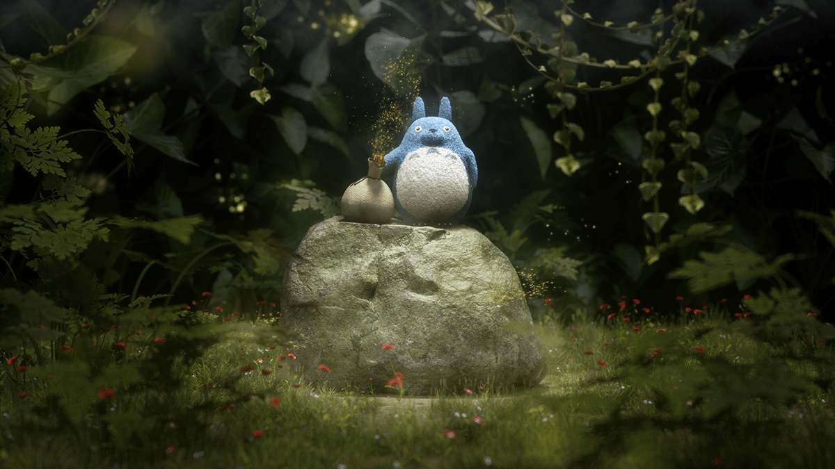 3D art scene of Totoro in a forest with a rock