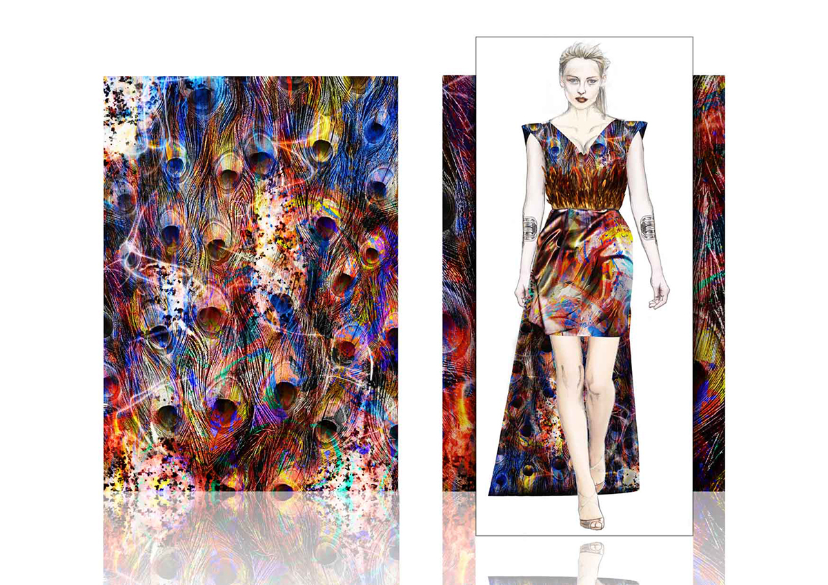 prints allover catwalk runway dresses fashion illustration