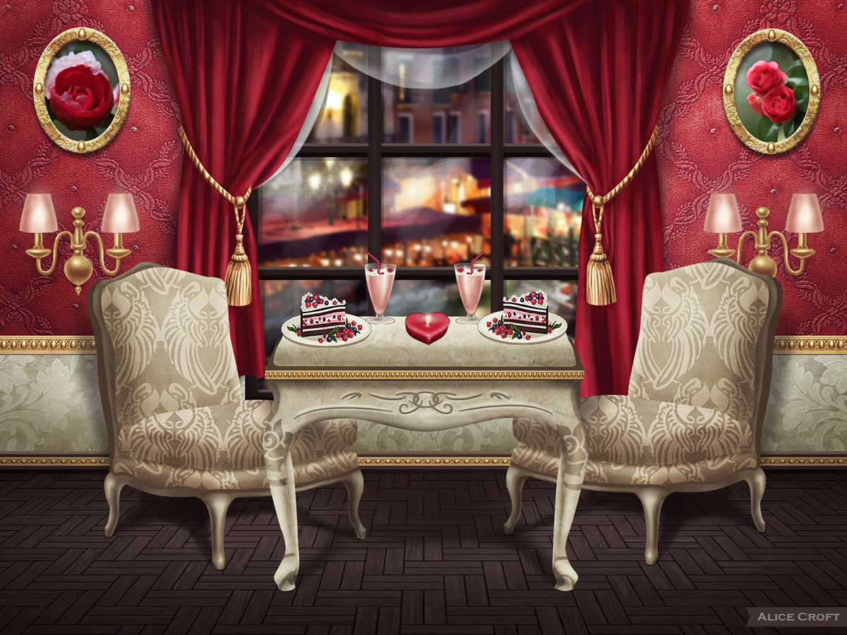 digital 2d concept art Matte Painting Game Art Interior Romantic interior romantic room romantic dinner interior design 