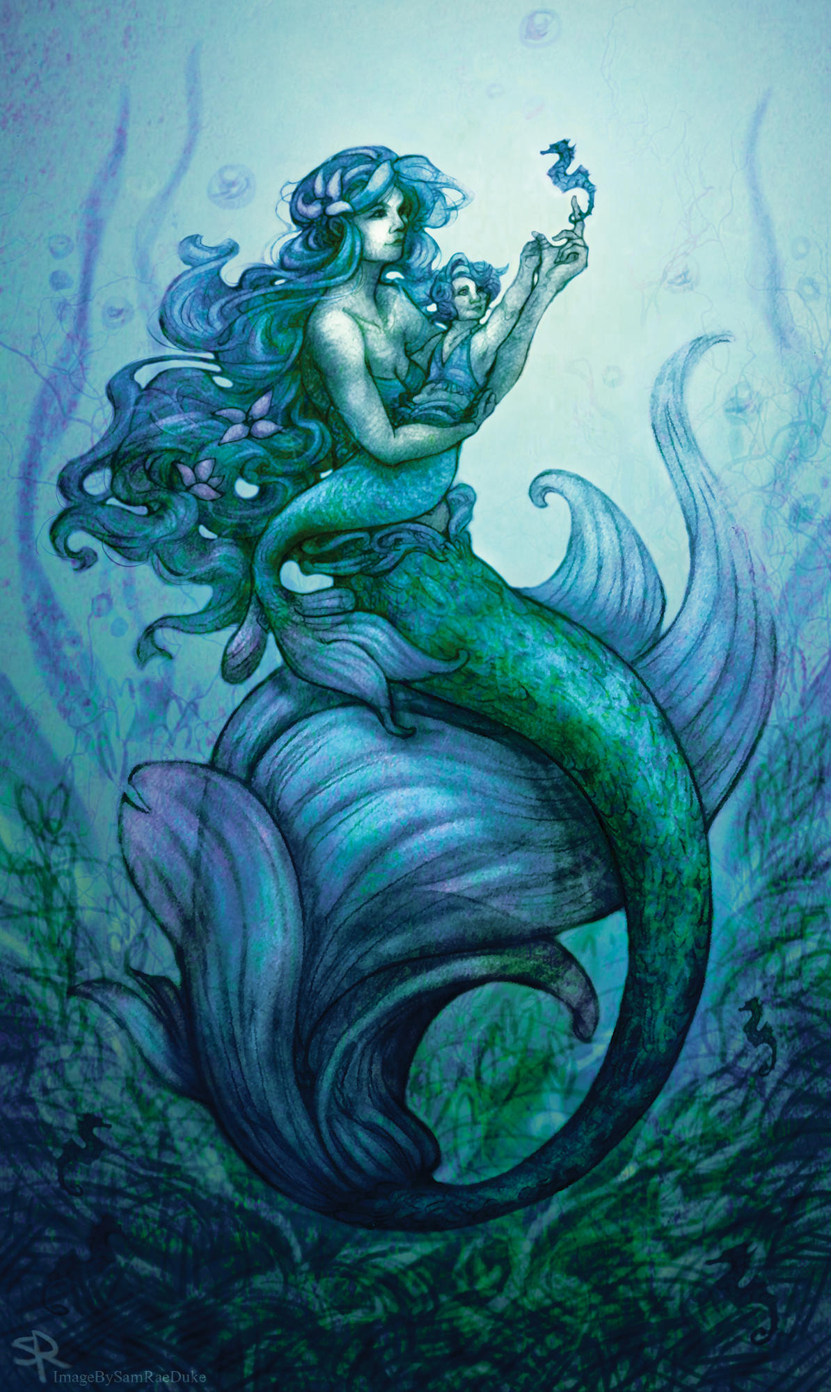 mermaids baby mermaid mother mermaid sea horse seahorse sea nautical briney deep children child childrens book