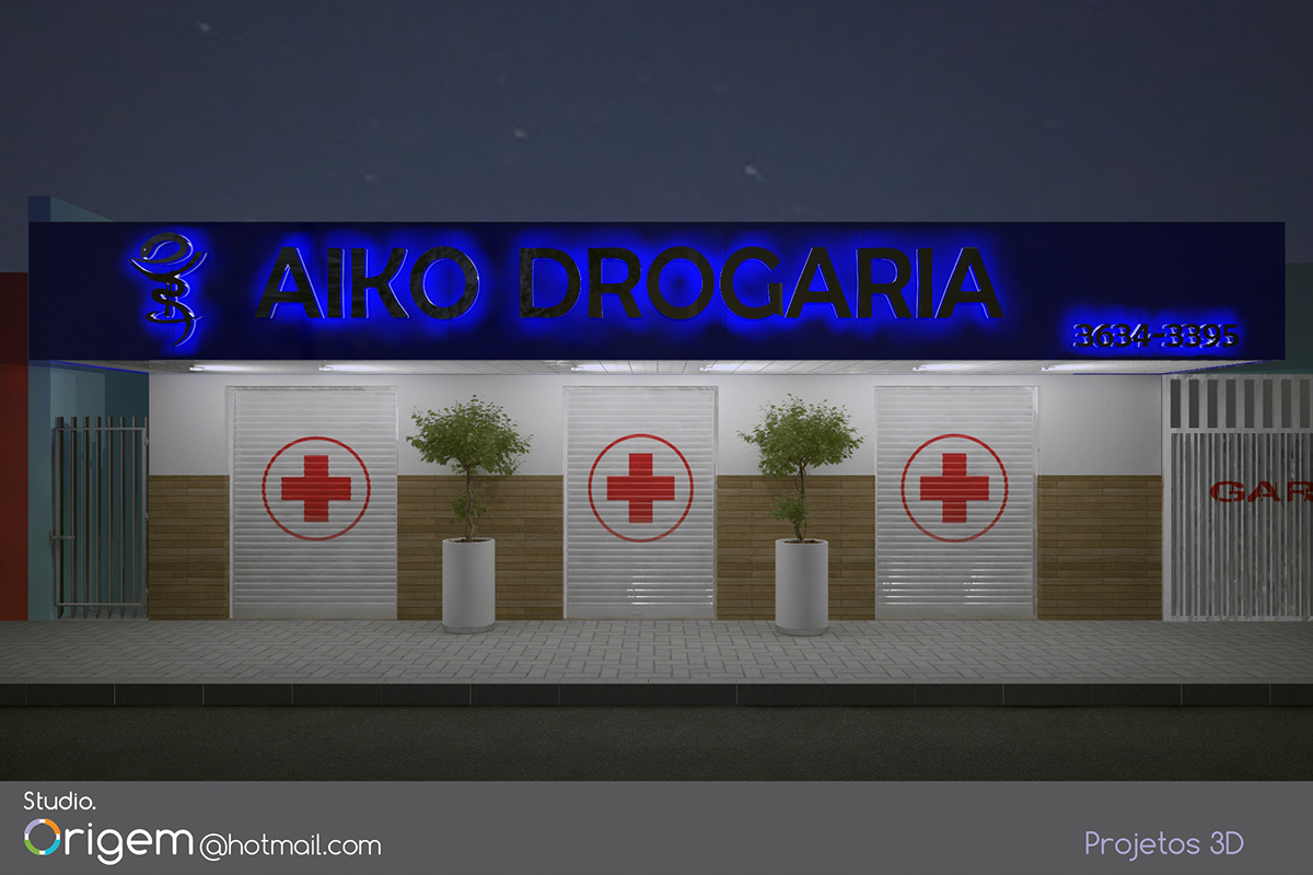 projeto 3d maquete eletronica Studio Origem Aiko Drogaria fachada comunicação visual