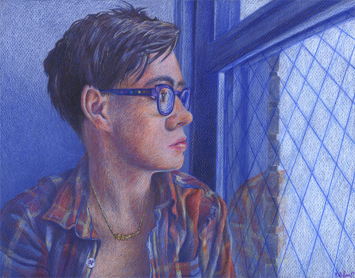 portrait Window gazing girl woman blue colored pencil Thinking pensive Natural Light