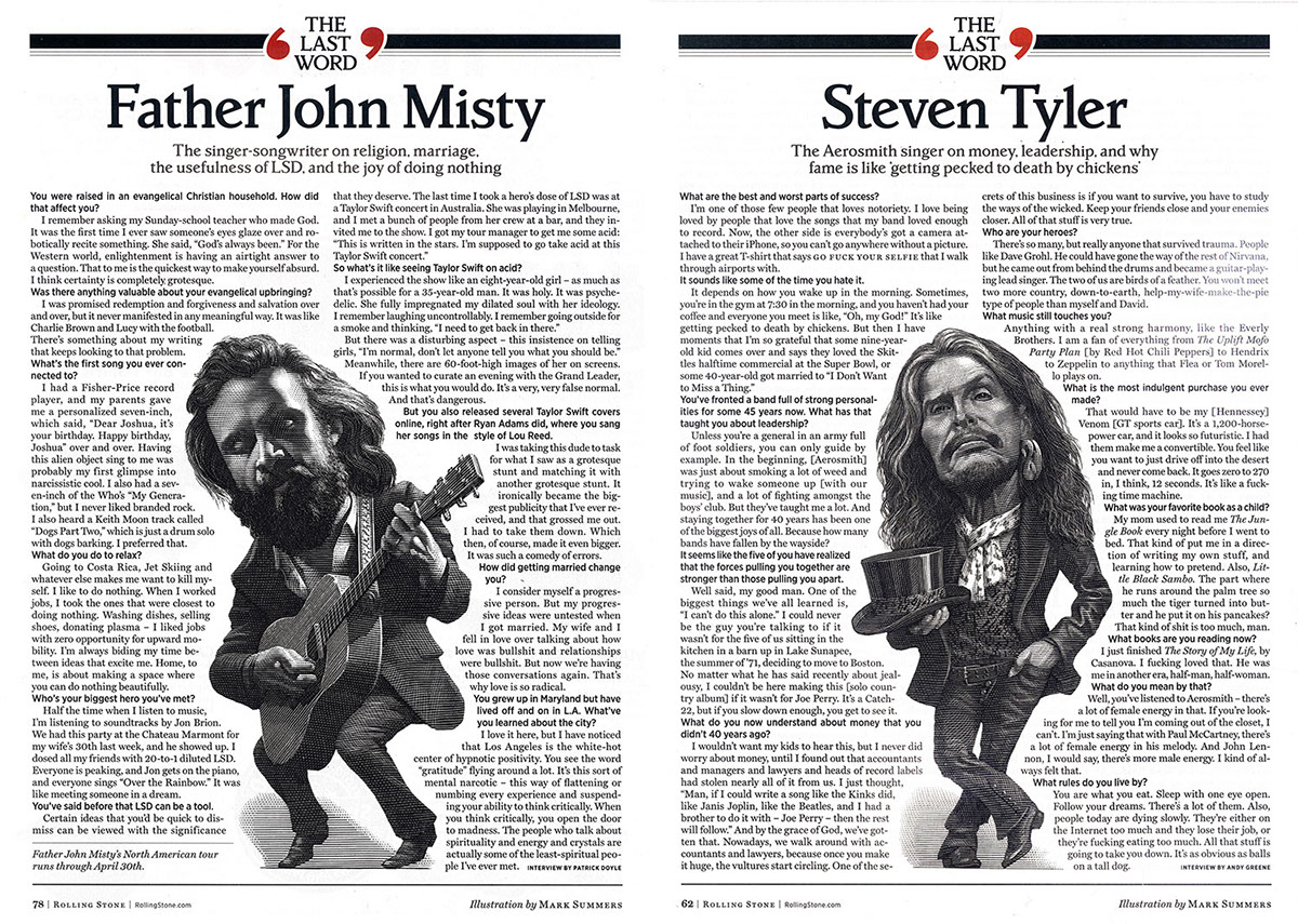 portraits rolling stone magazine editorial the last word steven tyler James Taylor father john misty Florence Welch Noel Gallagher caricatures