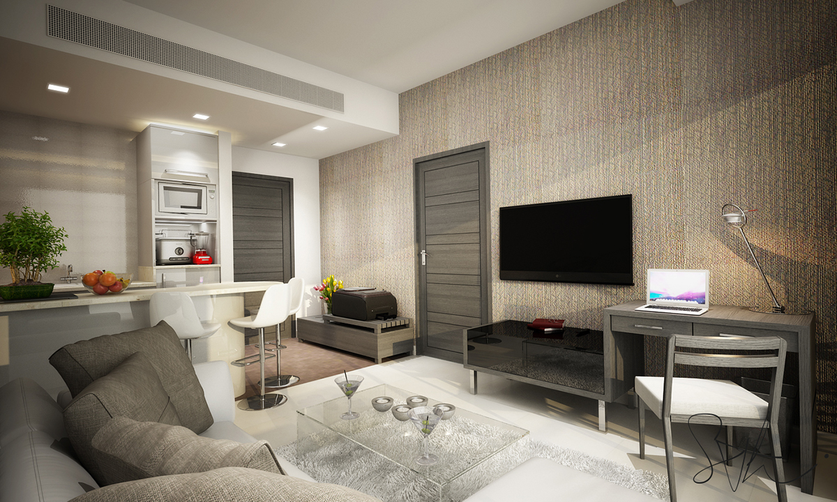 Rendering of a hotel room on Behance