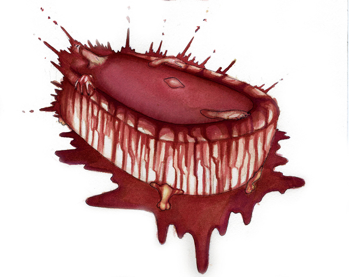 blood Halloween eye bath murder killer editoral SCAD watercolor bloody violence colored pencil housewife wine glass