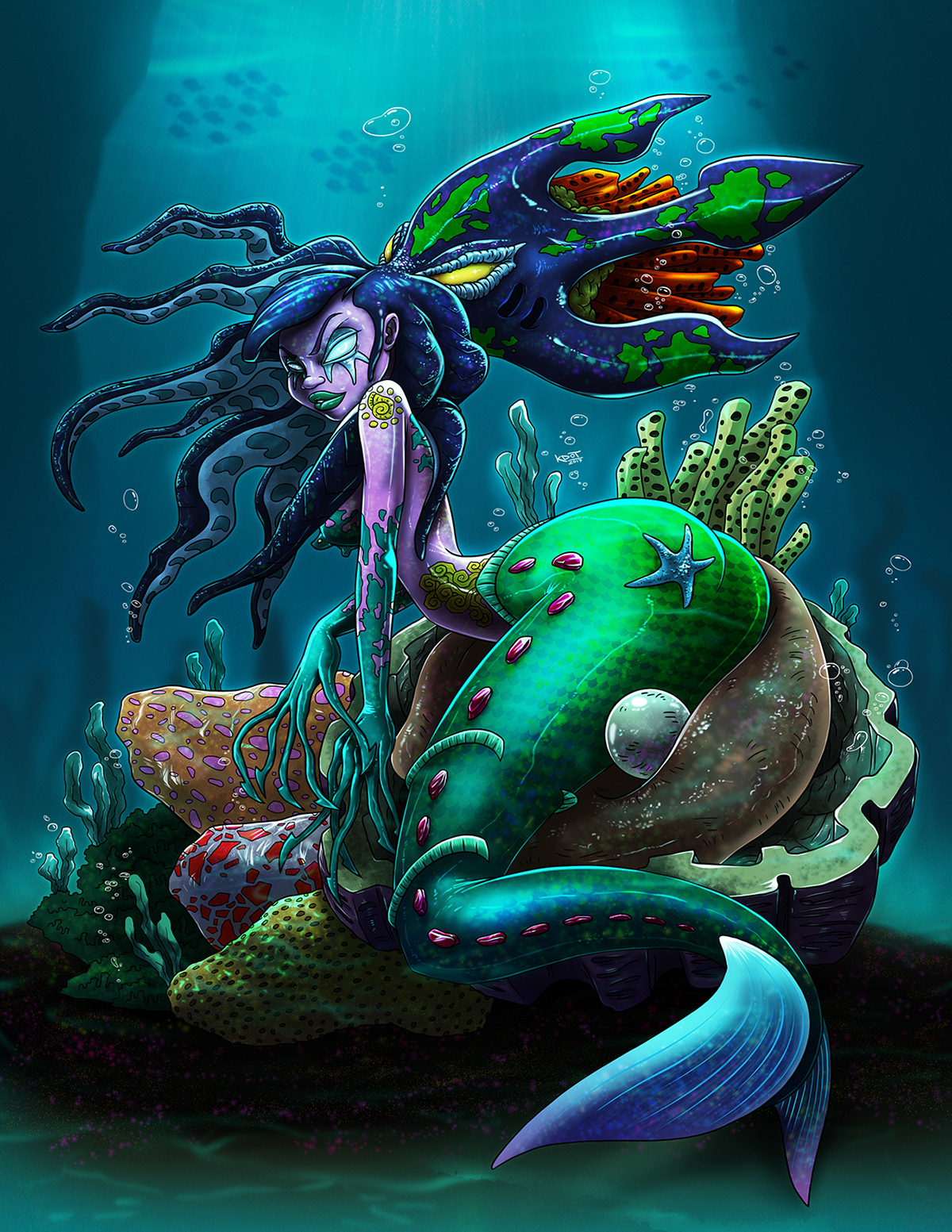 mermaid clam pearl water sea Ocean fish queen Squid octopus
