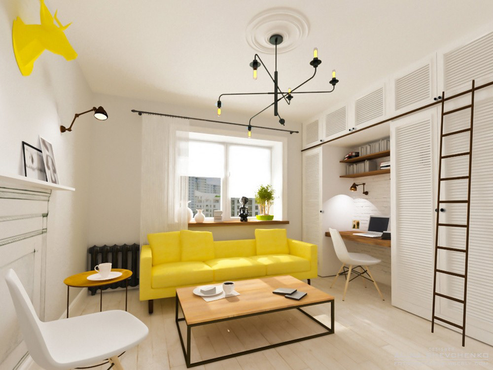 3d Visualisation 3D visualisation White yellow Interior design living room clean minimal ukraine kiev