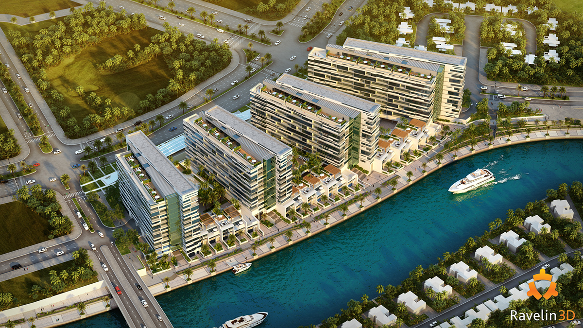 3d render 3D visualization residental complex water nigh beatiful Render