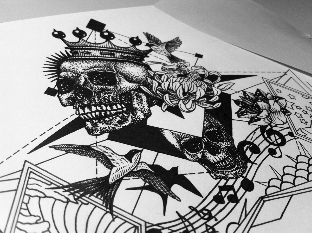 tattoo ink black skull bird music wave star dark dots