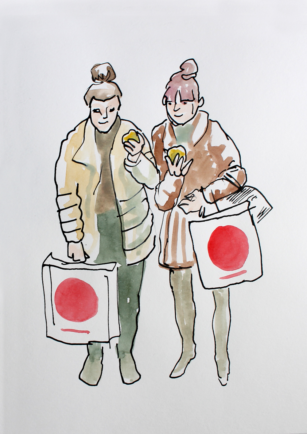 people escalator pen and ink Shopping