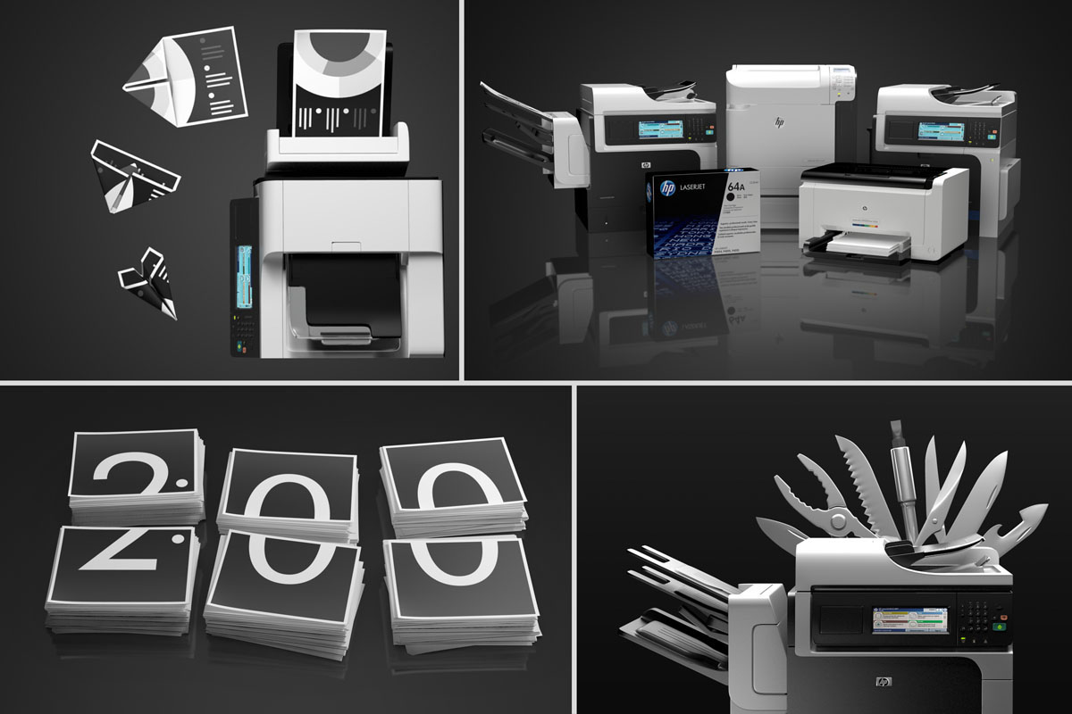 3D Maya hp printer paper stack folder CGI photorealistic