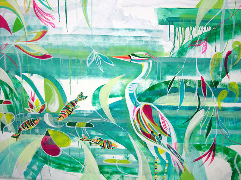 Co LAB Bristol Mural bex glover heron fish Nature artist corner live painting wall art wallpaper