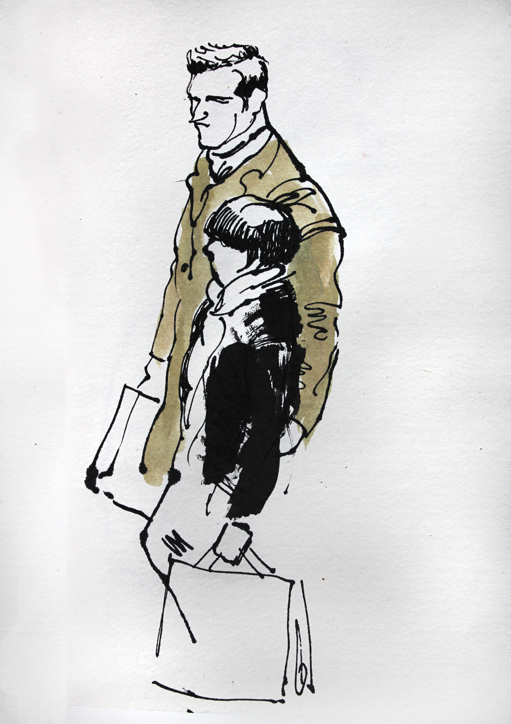 people escalator pen and ink Shopping