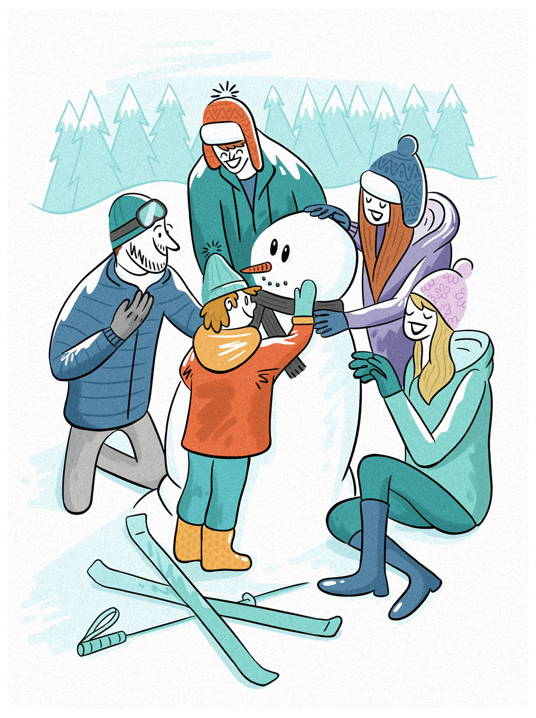 monoclemagazine characters skiiing skiers alps mountains handdrawn brushstroke brush