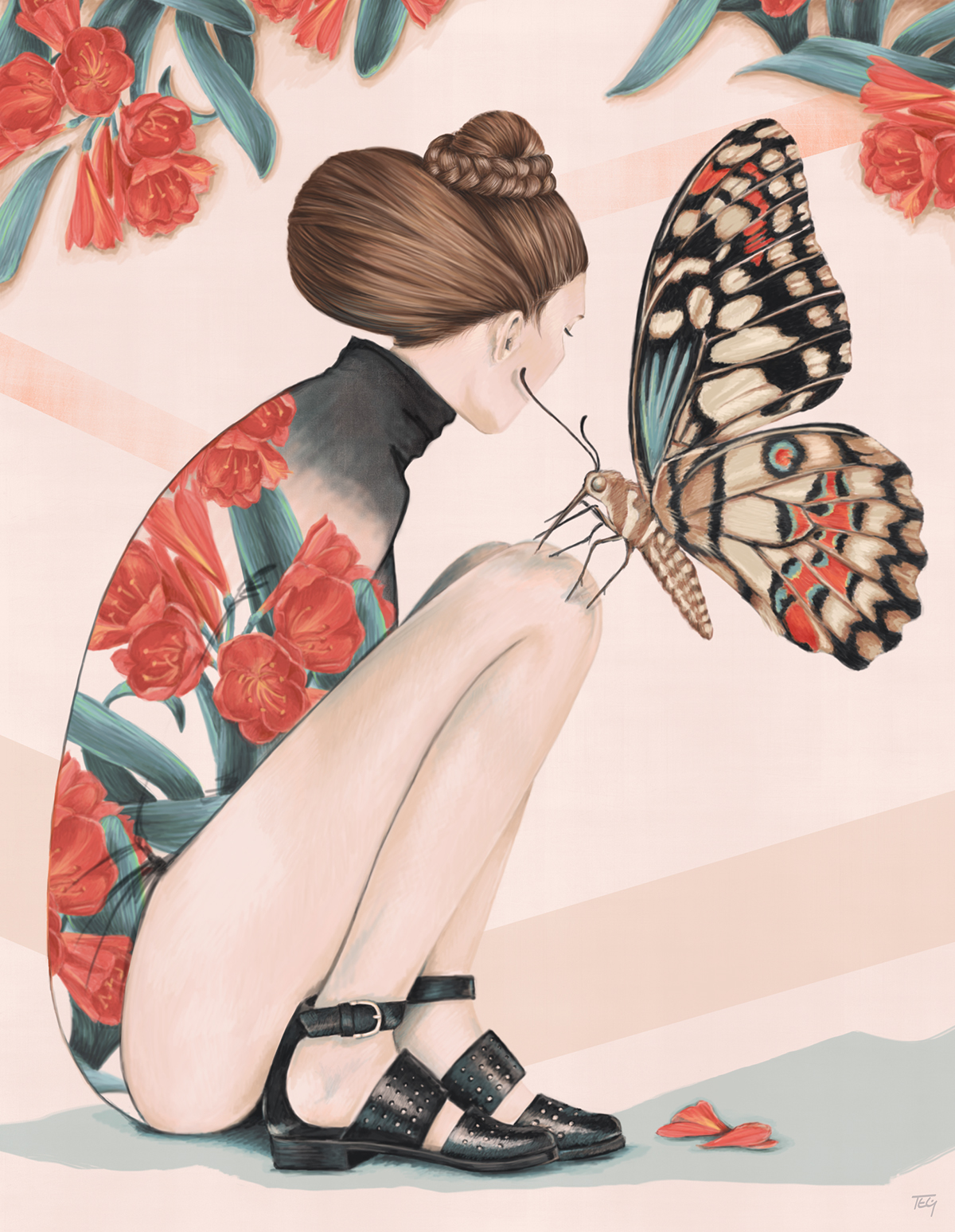 woman butterfly floral beauty spring peach whimsical surreal photo-real hair braid sweet wings feminine orange