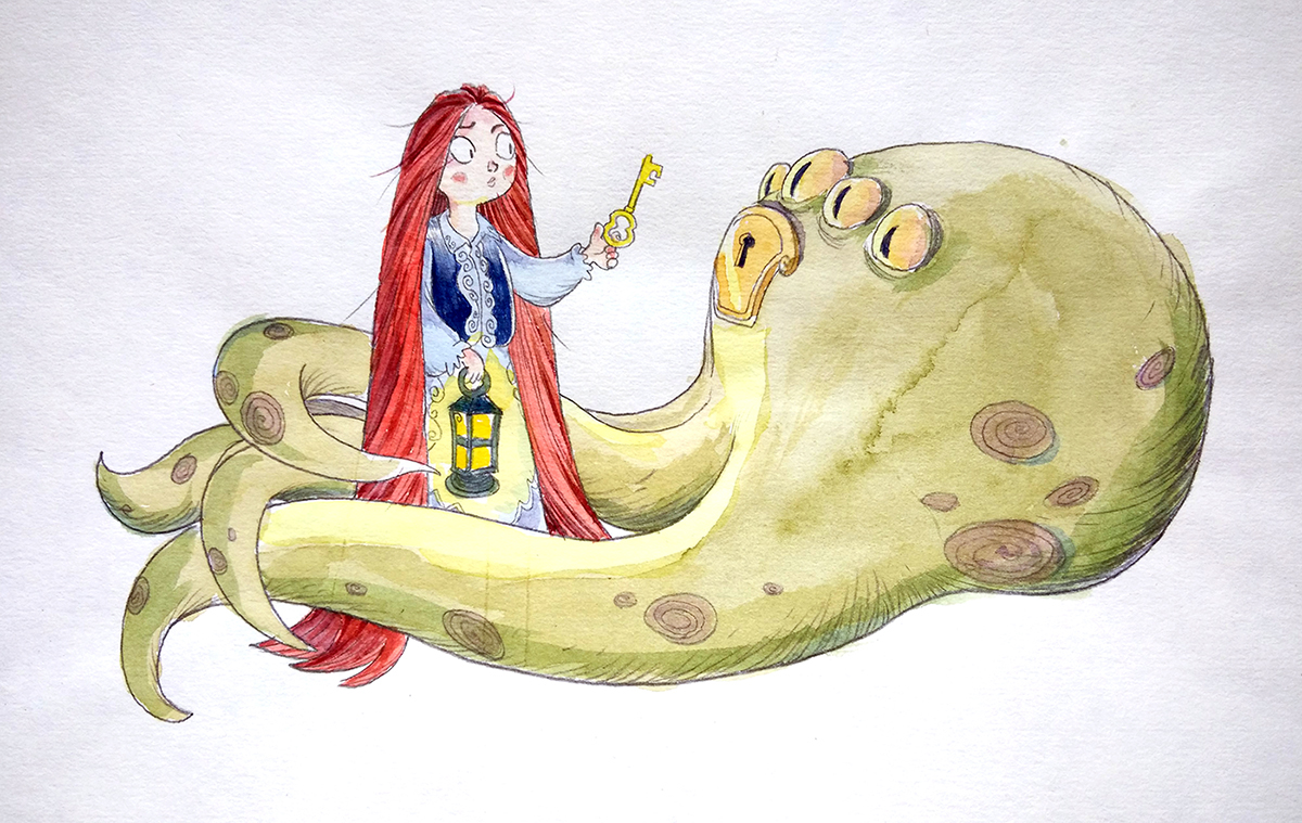 octopus comic tale redhair longhair key underwater watercolor digital conceptart