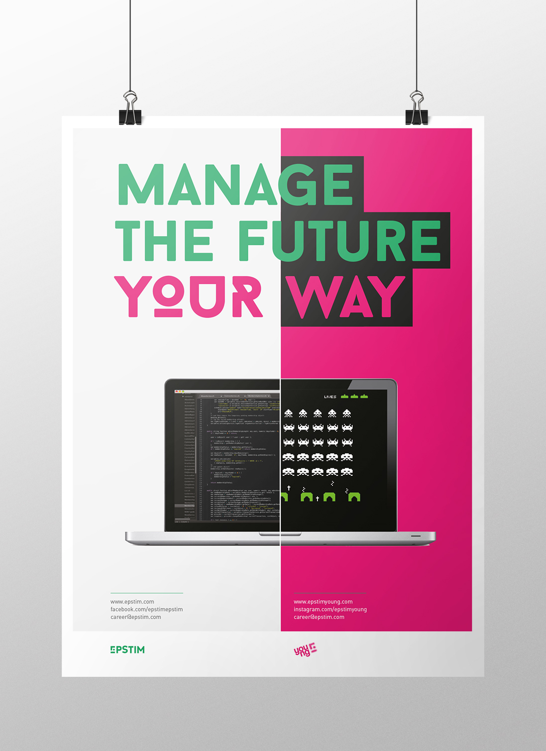 Young magenta career employer branding contrast poster brochure half Coffee student green notebook pin