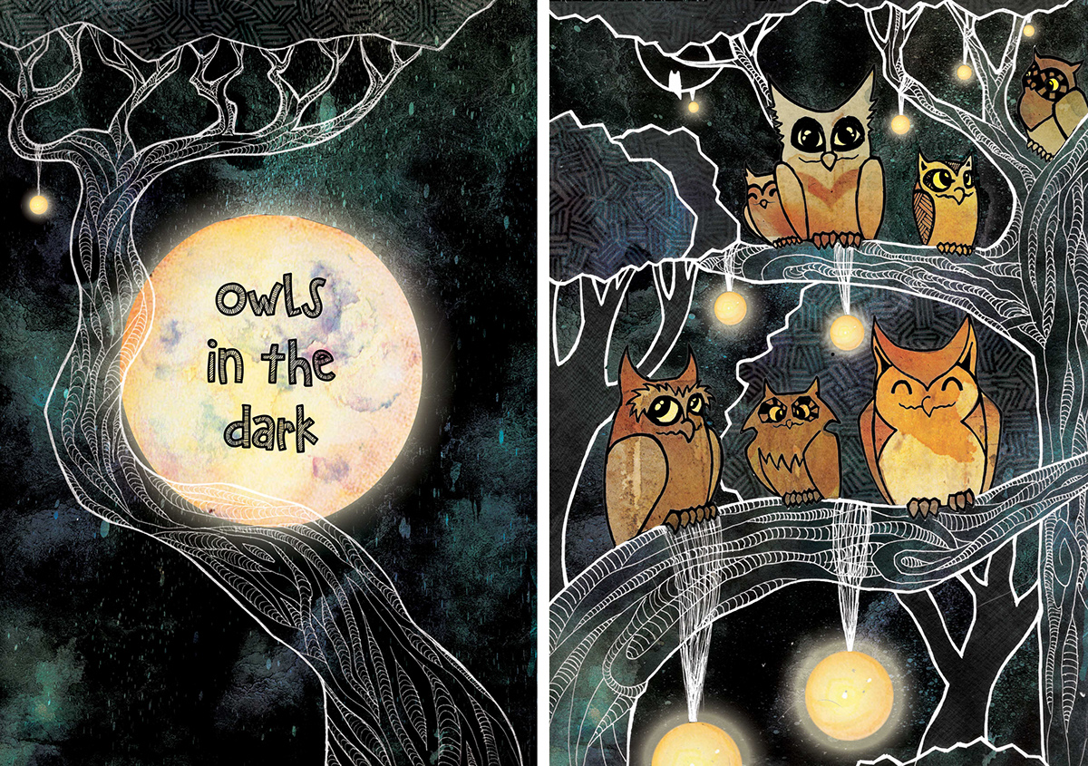 owls storybook childrens illustration conceptual dark stars nightime