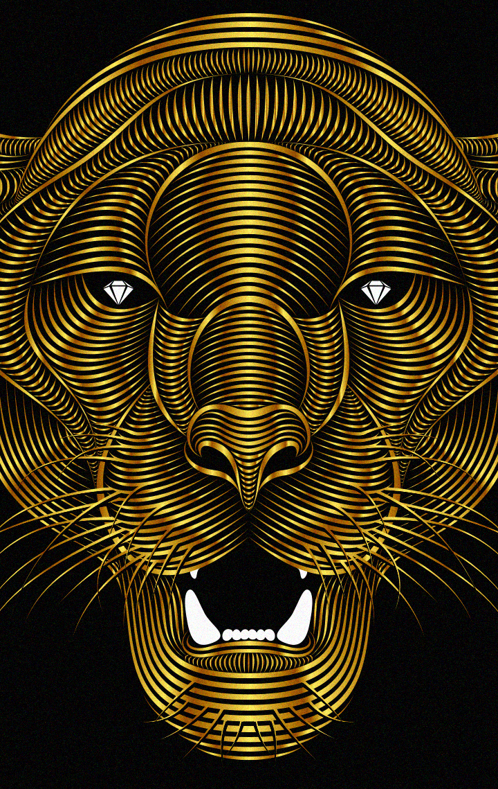lines gold blue panther wild animal face stripes moire effect diamond  White black