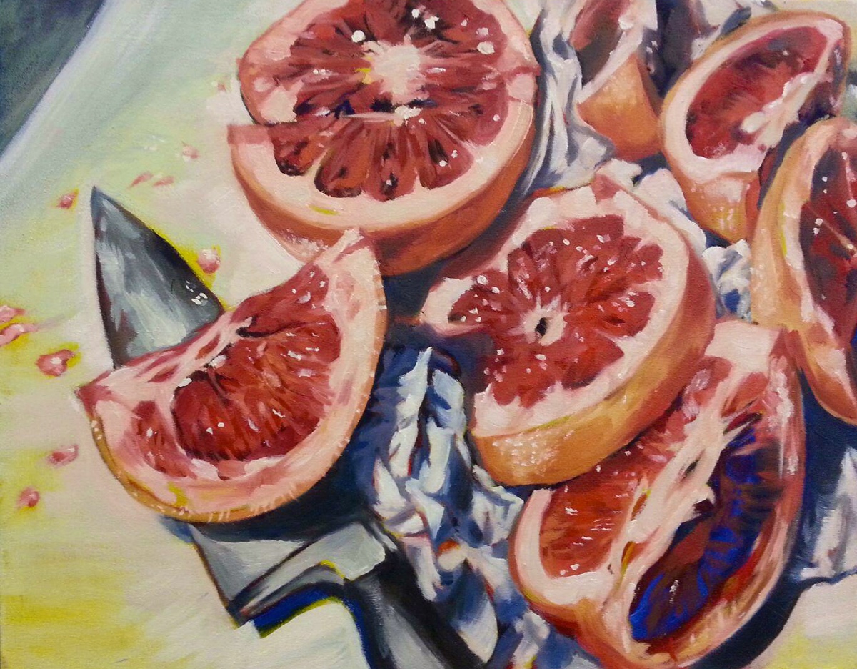 Oil Painting still life UNDERPAINTING grapefruit pomegranates