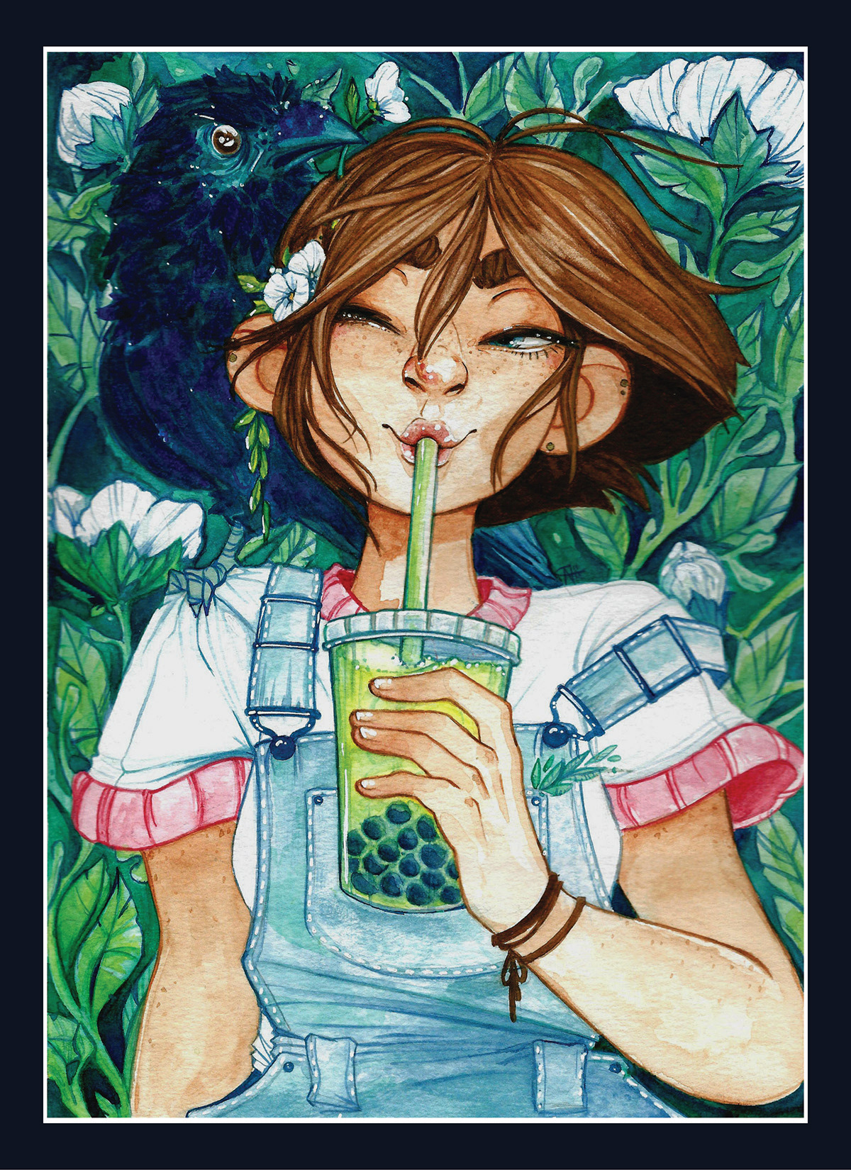 watercolor ILLUSTRATION  Character design  witch Familiar painting   garden bubble tea tea mocha green tea