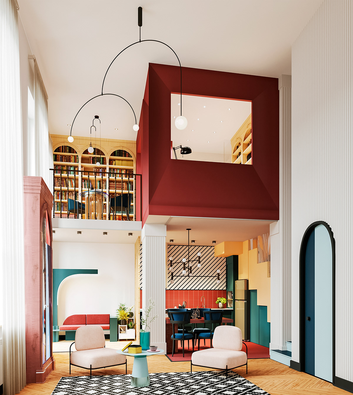 design duplex appartament Interior kitchen living room postmodern visualisation interior design 