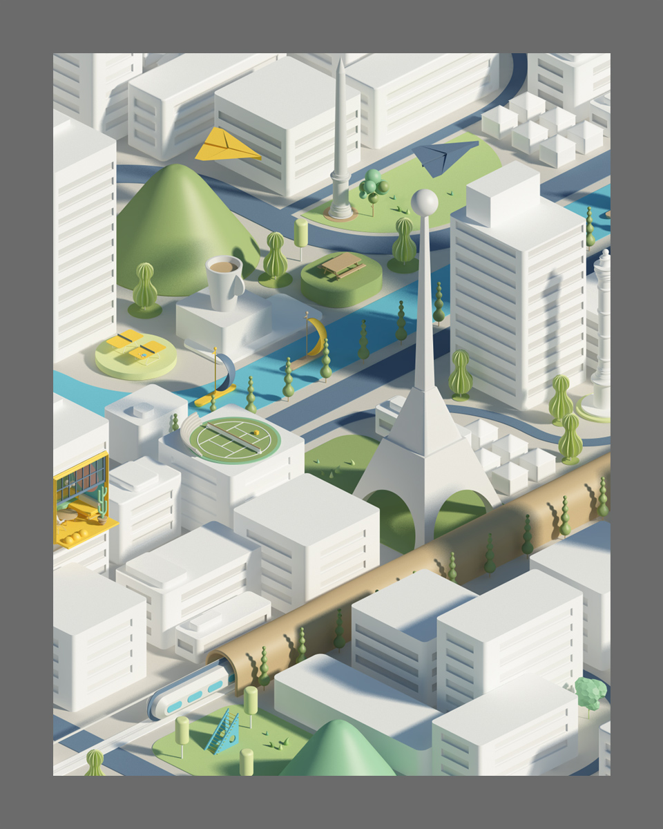 city building Landscape skyline Playground 3D CGI c4d