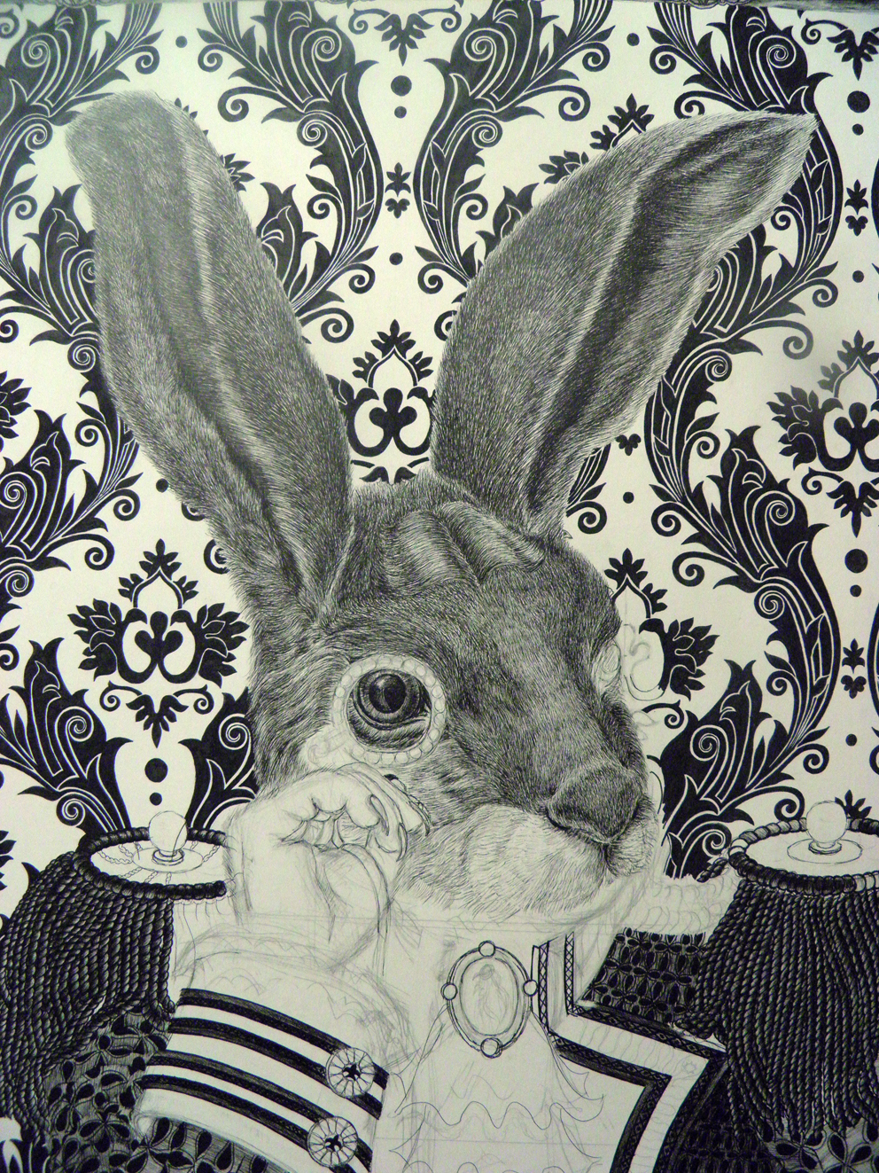 fibber Nobleman hare rabbit draw ink paper illustrate fantasy fairytale line black White rope
