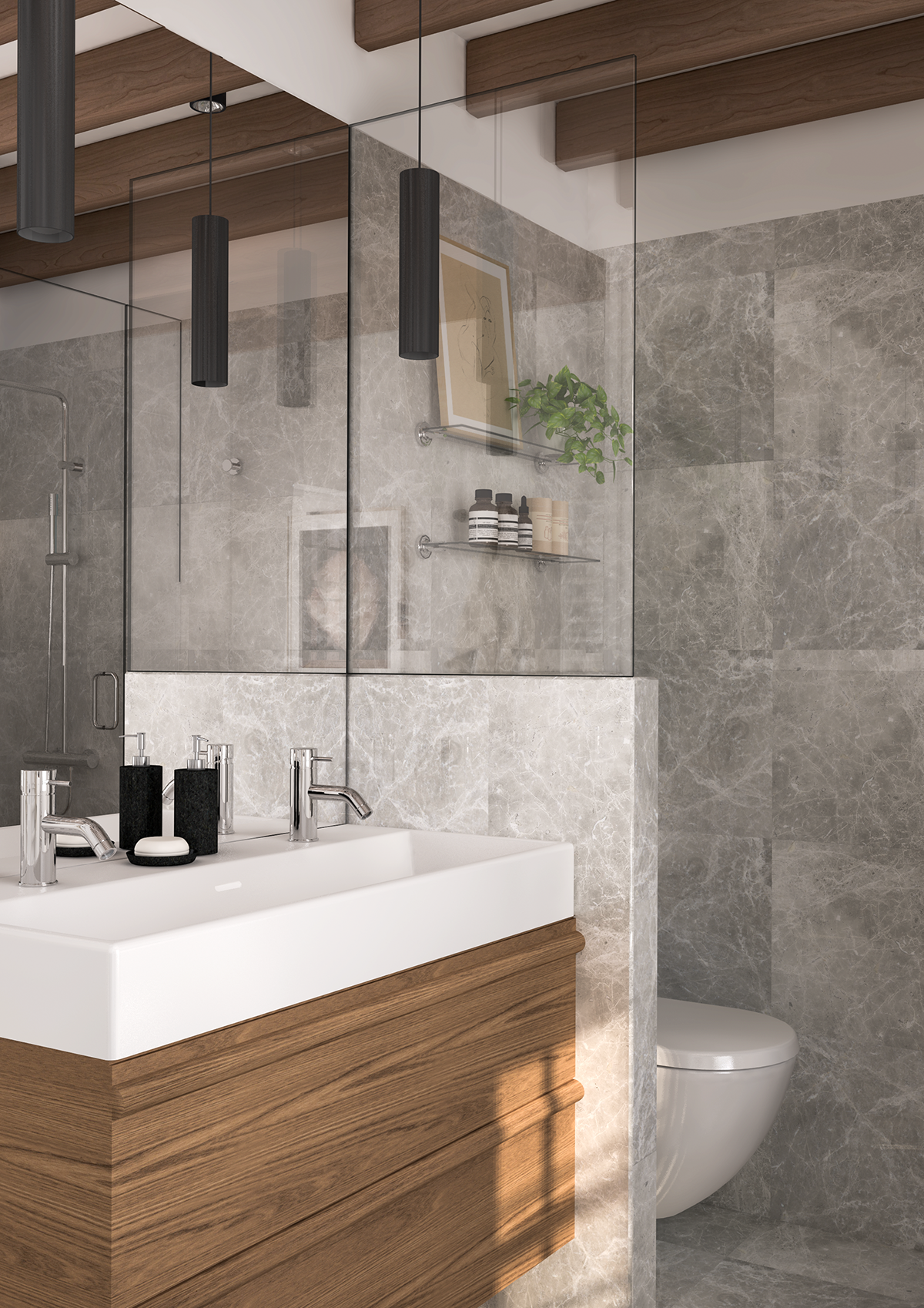 Marble and wood bathroom design on Behance