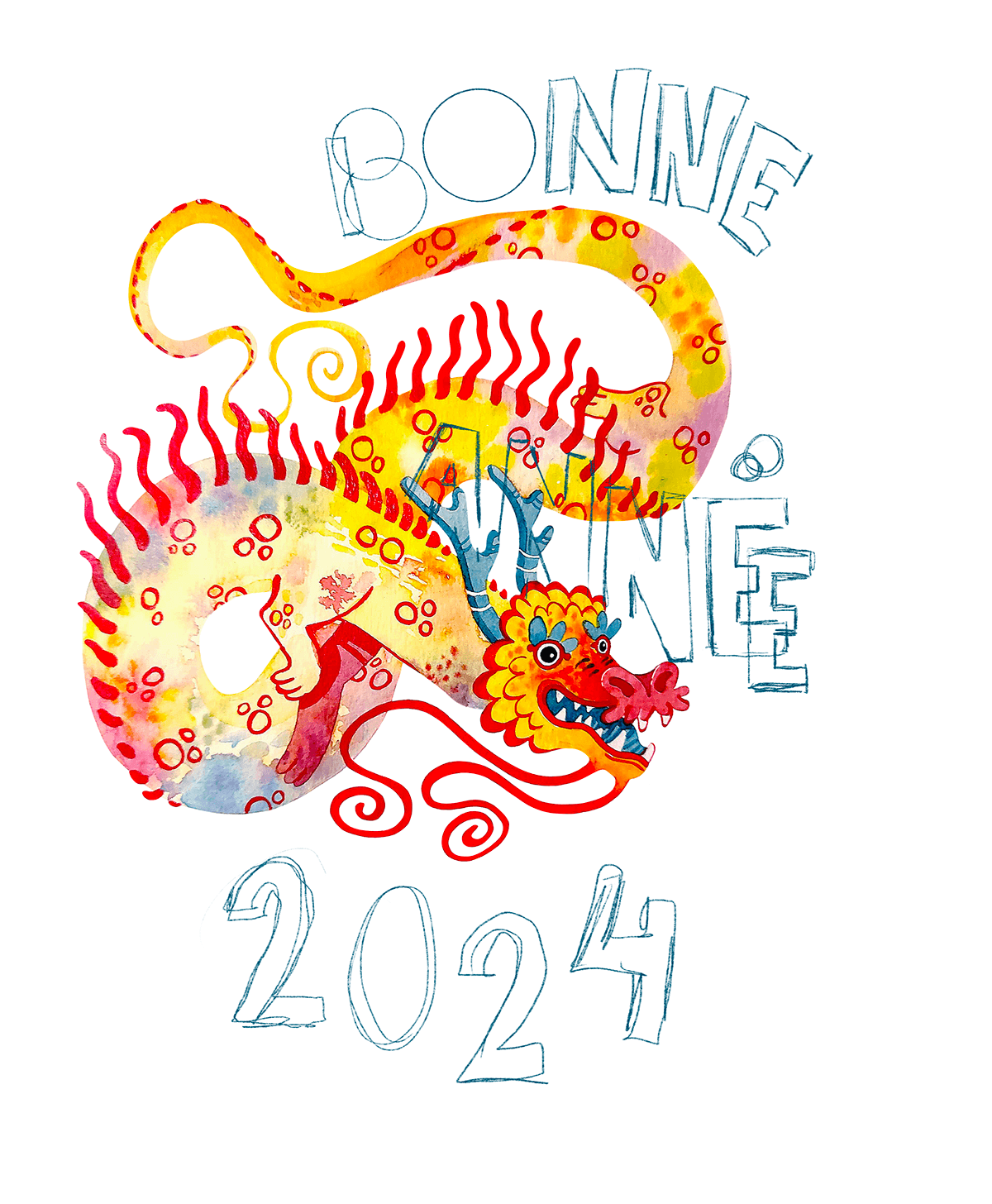Carte bonne année Risographie Procreate aquarelle dragon happe new year