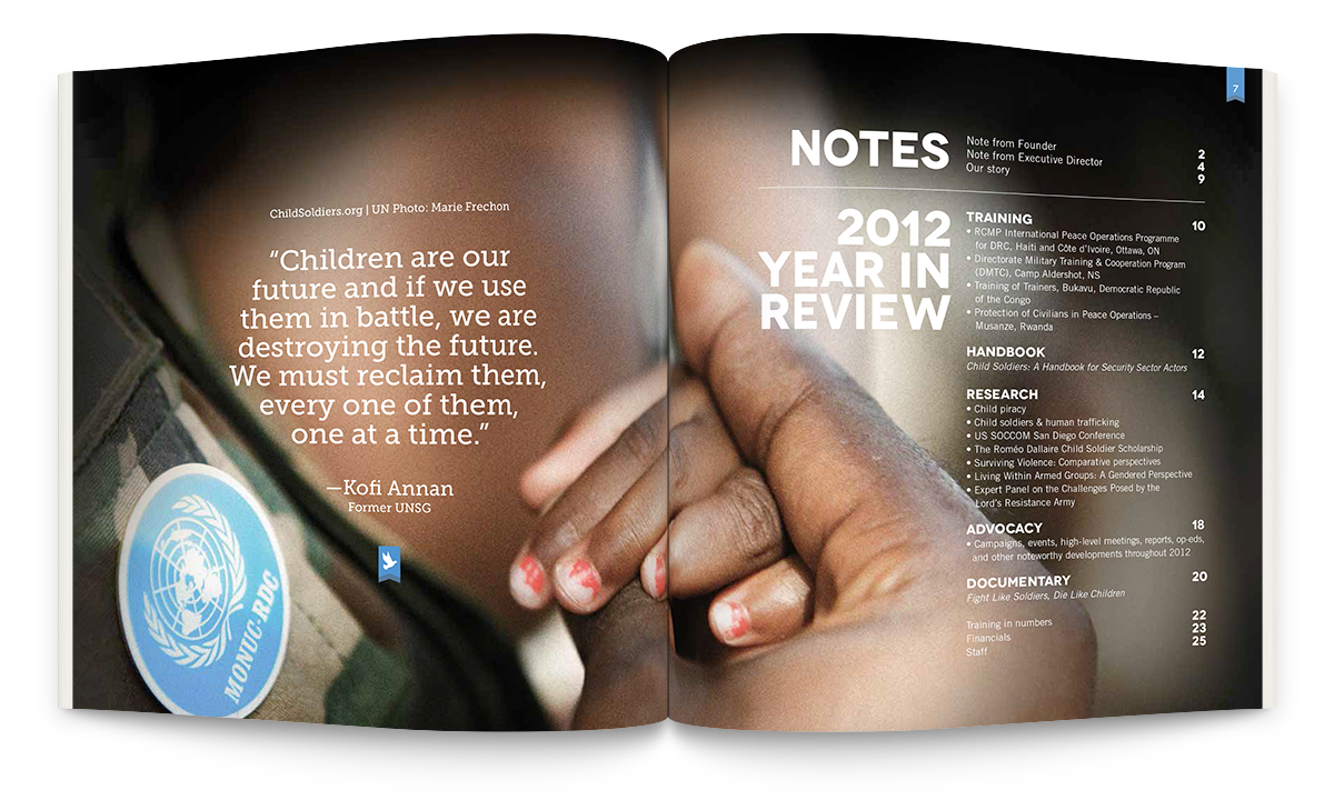 art design infographic annual report child soliders research advocacy training Peacekeeping