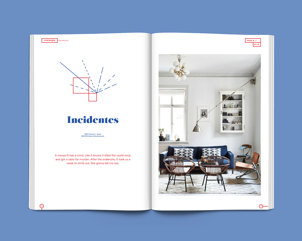 lowe home relajaelcoco Diseño editorial Interiorismo red blue nordic frames grid Layout