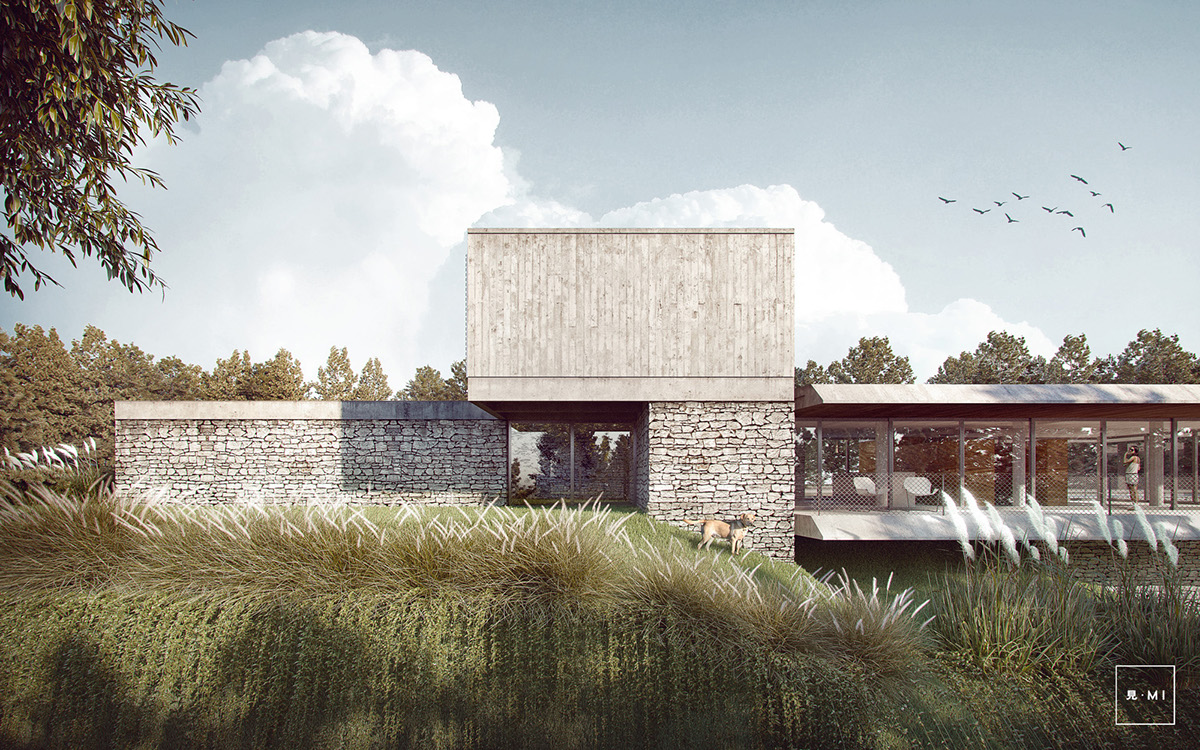Architectural rendering house corona 3D post-production stone wall Render