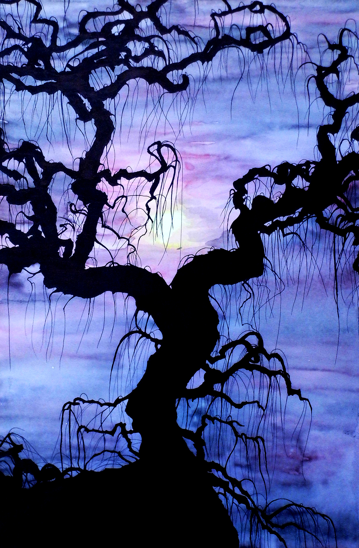 Tree  willow watercolor Nature ink Silhouette sunset purple spooky