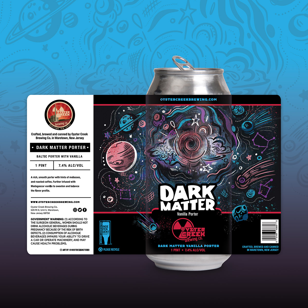Beer label design with illustration of space, planets and a nebula cloud. 