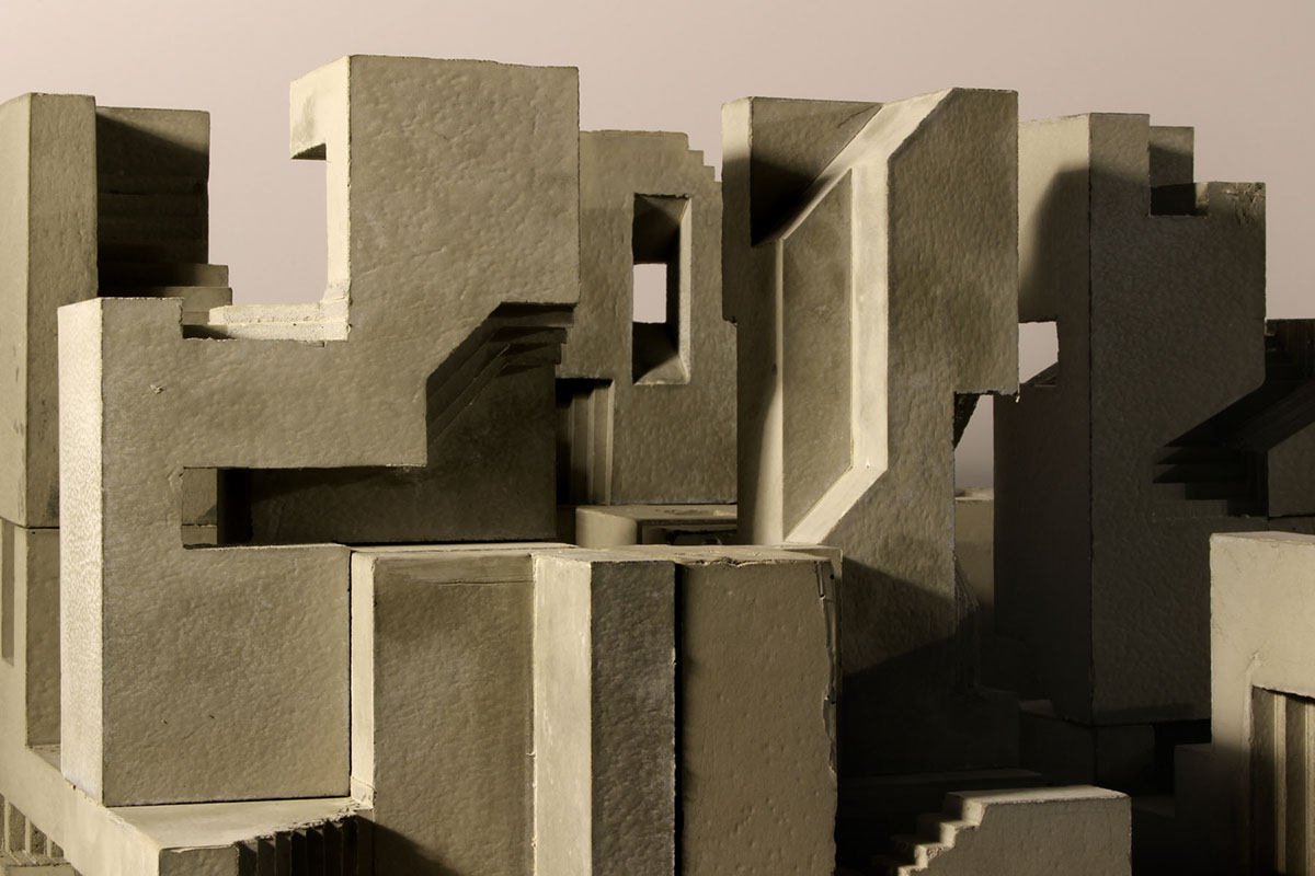 concrete modular artwork city model Blocs contemporary installation cubes metropolis Souk walls labyrinth