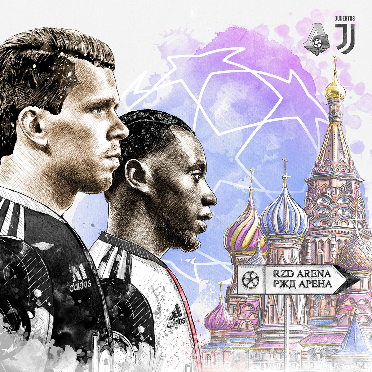 Dynamic sport/football illustration for Juventus vs. Lokomotiv Moscow: Szczesny, Matuidi.