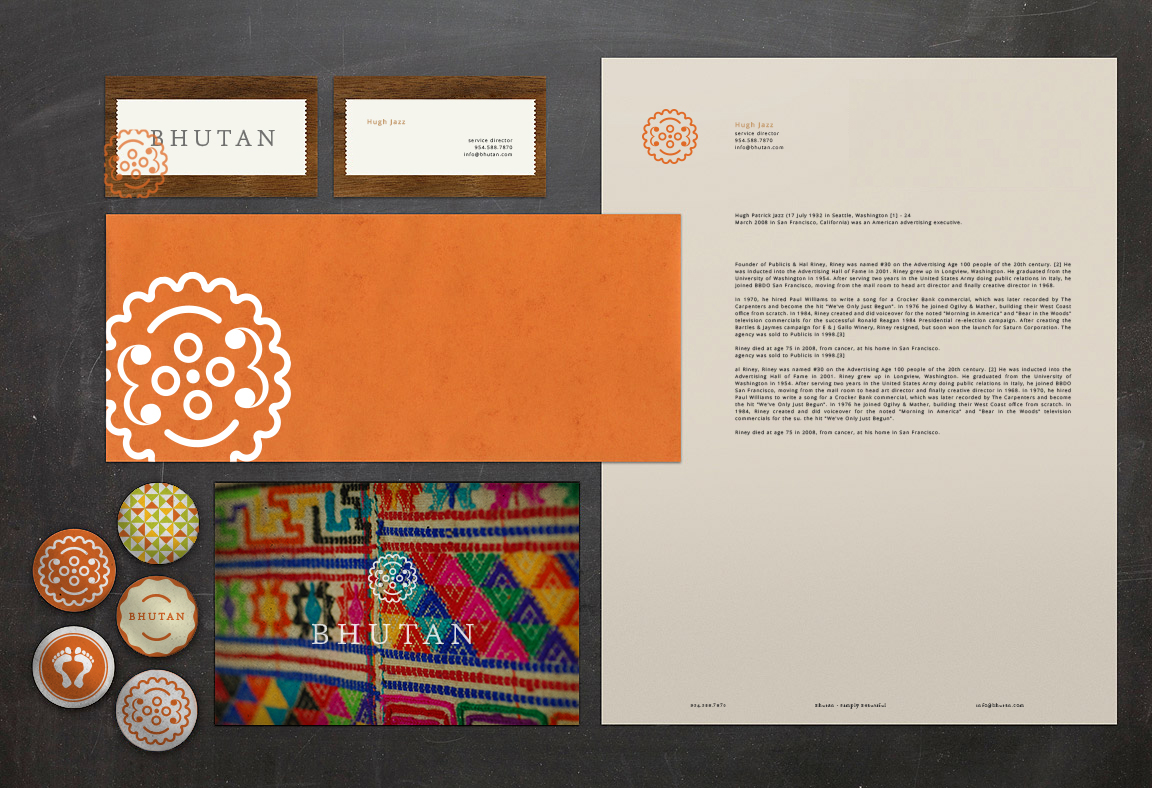 brand logo identity Stationery set terrarium marketing   country bhutan orange International tourism Travel product print