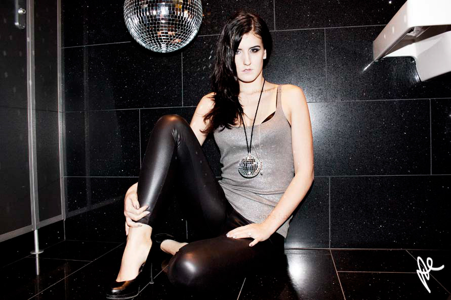 woman girl disco sparkly bathroom make-up Picture photo disco ball black Glitter joana fux Swarovski red jacket high heels