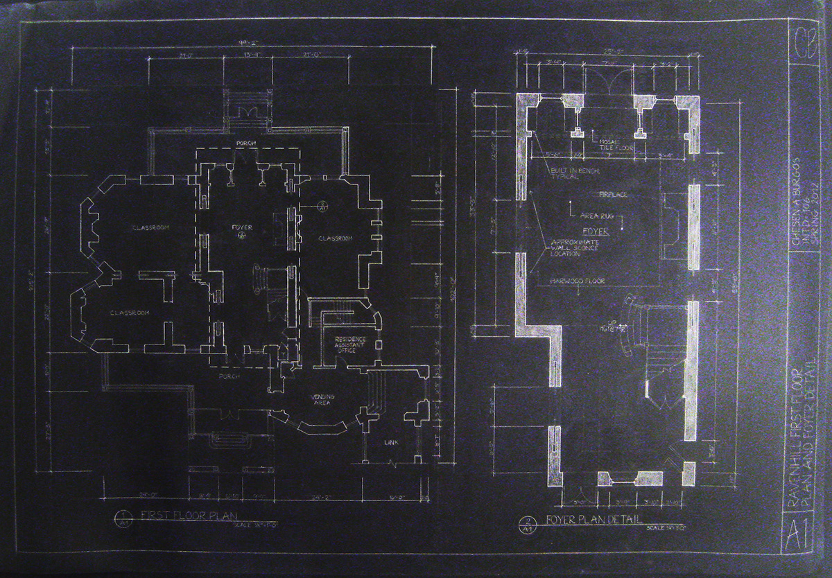 Interior design building sections detailing mansion philadelphia University hand drawing mylar sketch