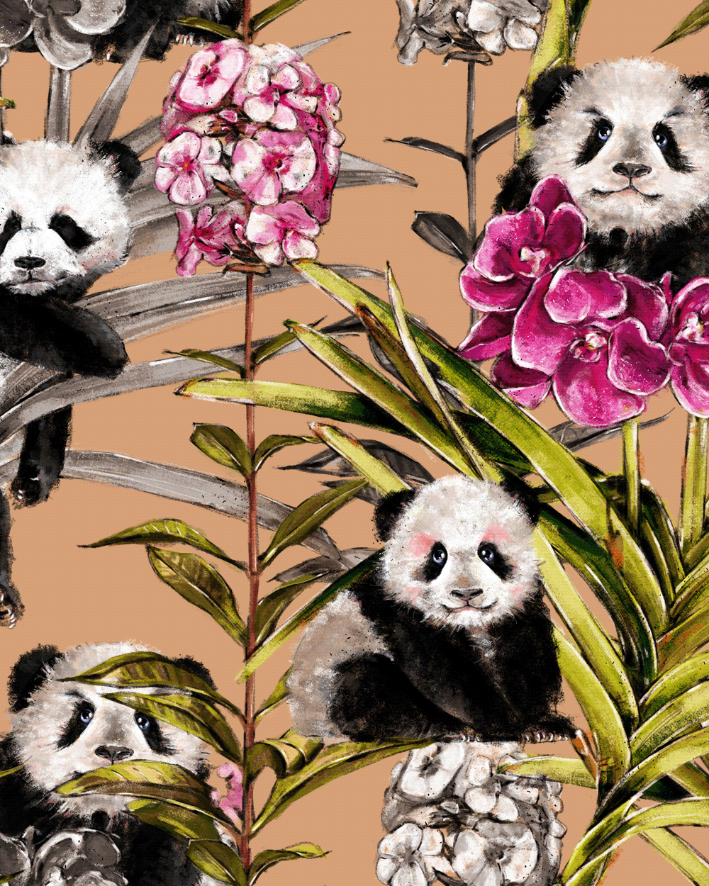 animals Character design  concept art cute ILLUSTRATION  pandas bear Flowers Nature orchid